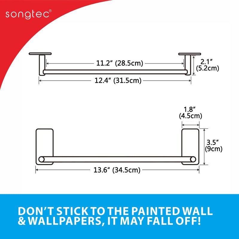 Songtec Stick Towel Bar Black 12-Inch  Adhesive Bath Towel Rack No Drill  Strong Adhesion Tape Mount Towel Holder  Stainless Steel - Black - Image 4